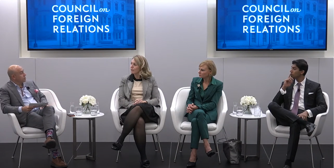 Panelists Meredith Berger, Sherri Goodman, and Varun Sivaram discuss the intersection of climate change and national security at event, Securing the Future: Navigating the Nexus of Climate and Defense on Oct. 21. 2024.