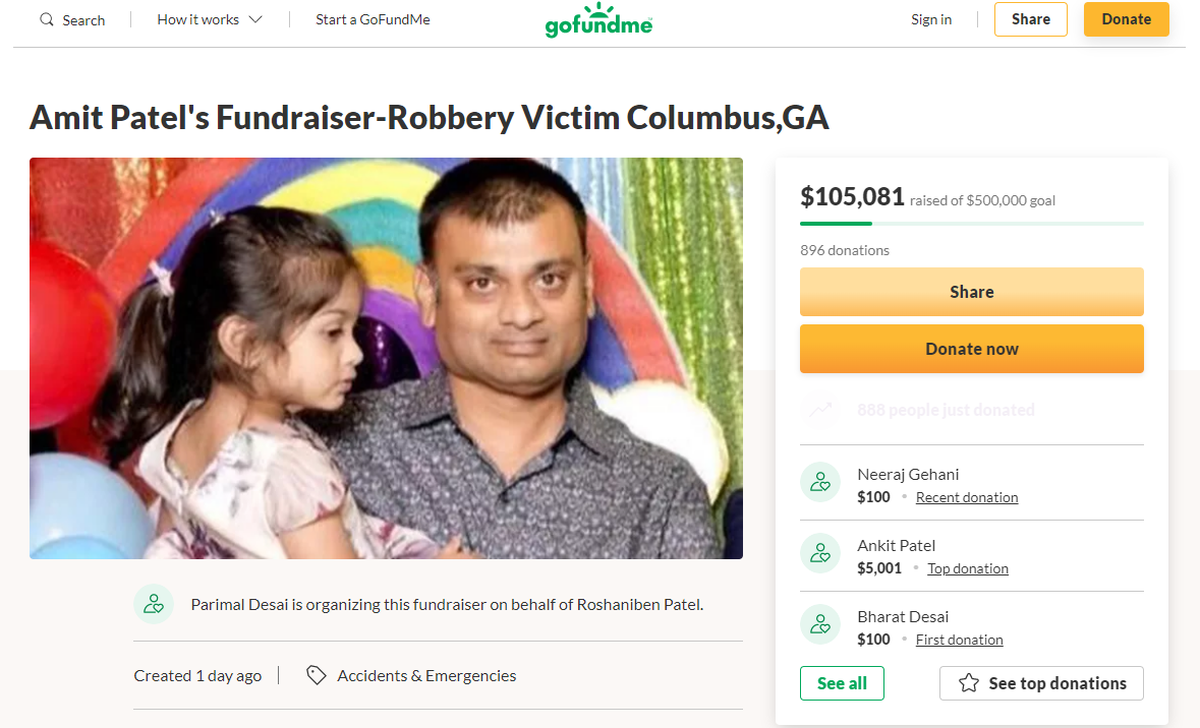 A GoFundMe fundraiser was created to benefit the widow of Amit Patel, fatally shot in front of a Synovus bank branch in Columbus, Georgia, on Dec. 6, 2021.