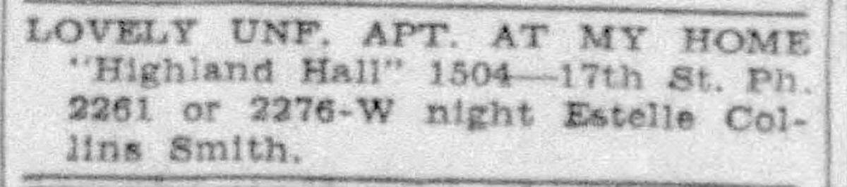 The classified ad, placed by Estelle Collins Smith in the Columbus Ledger-Enquirer for a room to rent in Higland Hall.