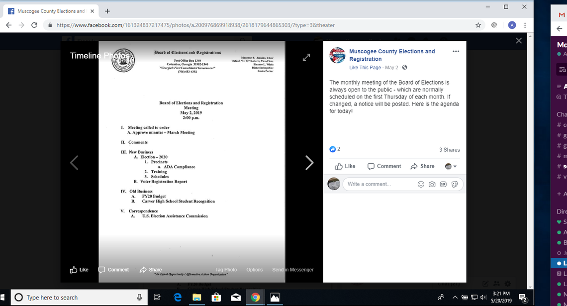 A screen shot of the Muscogee County Elections and Registration Facebook shows the page posted an agenda for the board’s May 2, 2019 meeting.