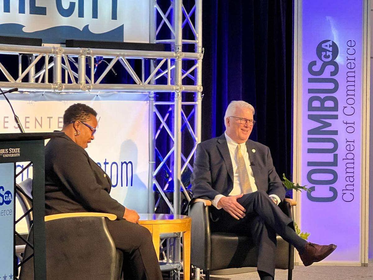 Columbus Mayor Skip Henderson is interviewed by Crystal Shahid, chairwoman of the Greater Columbus Chamber of Commerce, during the State of the City address during the State of the City address Feb. 18, 2025, in the Cunningham Center at Columbus State University.