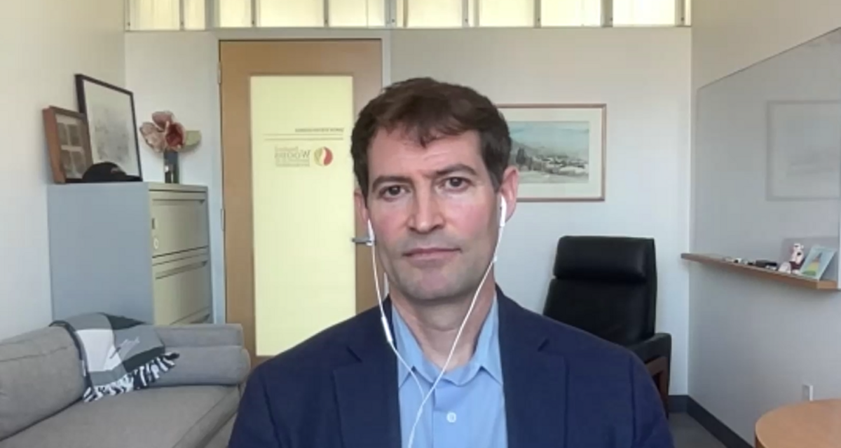 Noah Diffenbaugh, a professor and senior fellow at Stanford University in the Doerr School of Sustainability speaking on a SciLine press conference about the proposed rescission of the EPA endangerment finding on Aug. 1, 2025.
