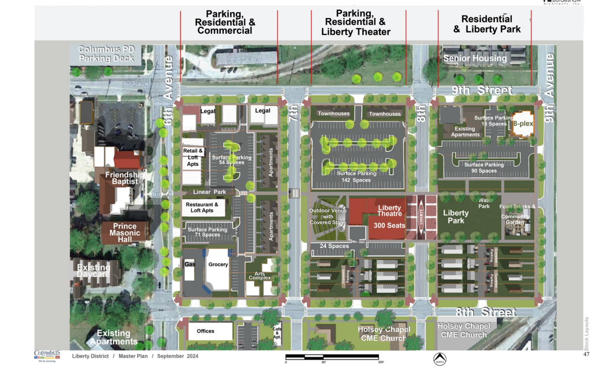 This is the proposed transformation featuring residential, commercial, cultural, and community spaces, including an outdoor stage, neighborhood park, and mixed-use developments.