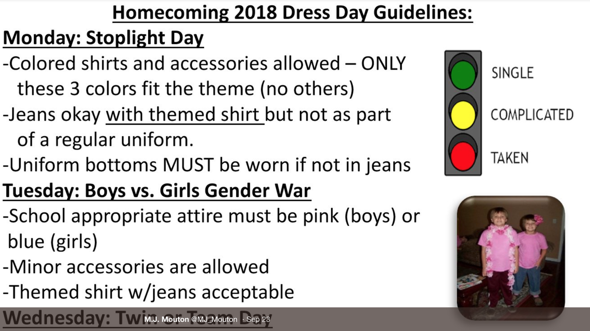 M.J. Mouton, whose daughter attends Iowa Middle School in Louisiana, says his child had a spirit day that asked kids to wear different colors if they are single, taken or “it’s complicated.”