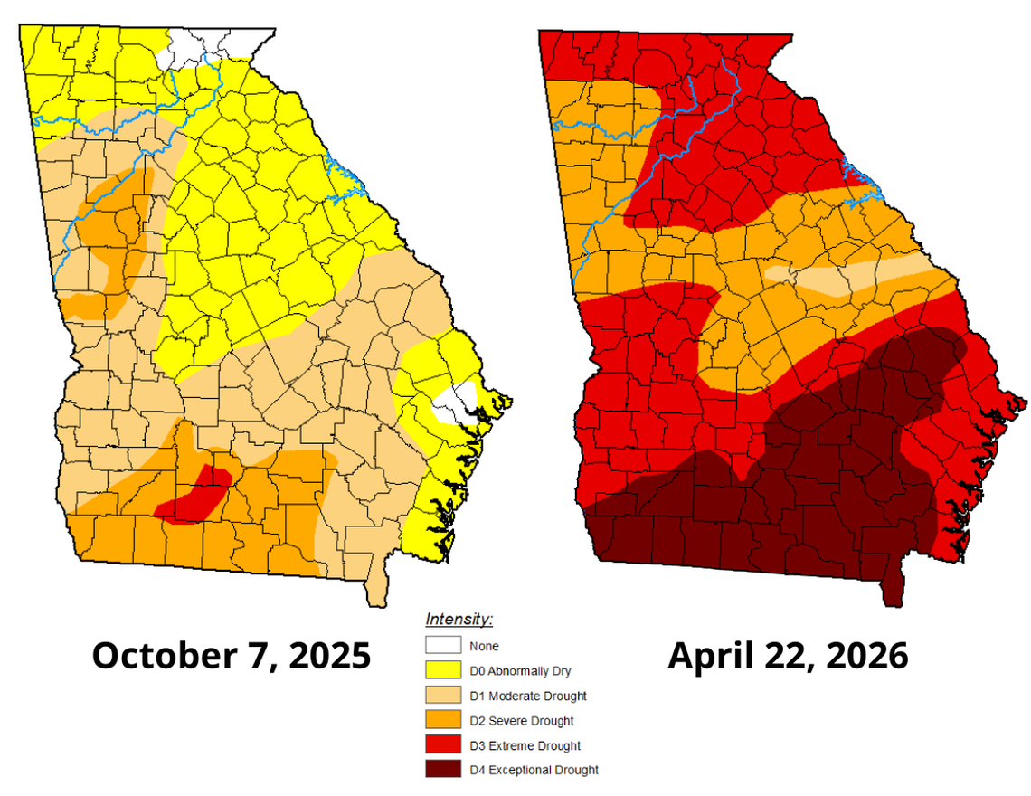 Since October 2025, the southeastern part of Georgia has been in severe drought. The state needs nearly a foot of rain to end the drought.