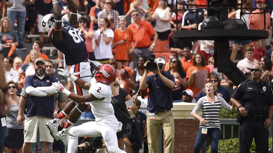 Melvin Ray (82) catches the game-tying touchdown in regulation. Jacksonville State vs Auburn in Auburn, Ala. on Saturday, Sept. 12, 2015.Zach Bland/Auburn Athletics