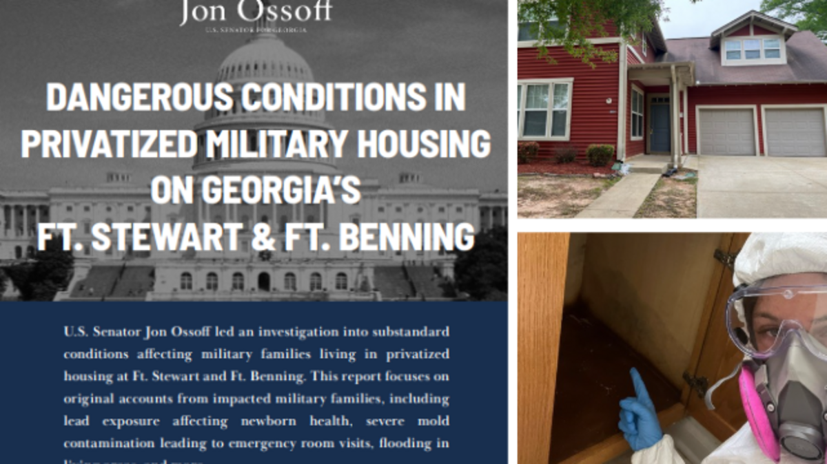 The results of an investigation by Sen. Jon Ossoff’s office into Fort Benning and Fort Stewart housing found evidence of substandard living conditions for military families. The home of Jeffrey and Leighann Morris (top right) was infested with toxic mold, bats and broken water systems, they told the Ledger-Enquirer. Leighann Morris (bottom right) wore a hazmat suit in her kitchen while looking at black mold.