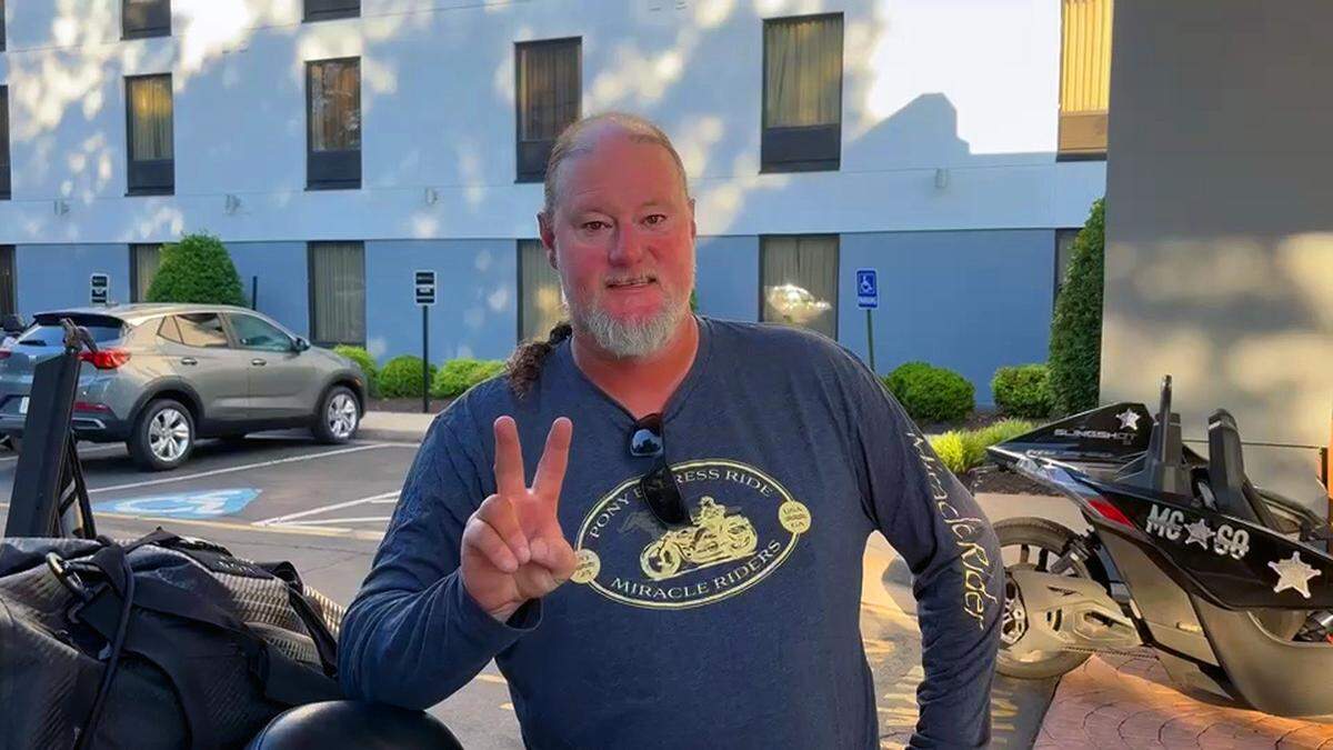 Ross White shares stories about the 2026 Miracle Ride during an interview with fellow rider Jason McKenzie. The Miracle Ride is a 9,300-mile motorcycle ride from Columbus through 16 states to raise awareness and money for Columbus State University’s College of Education & Health Professions.