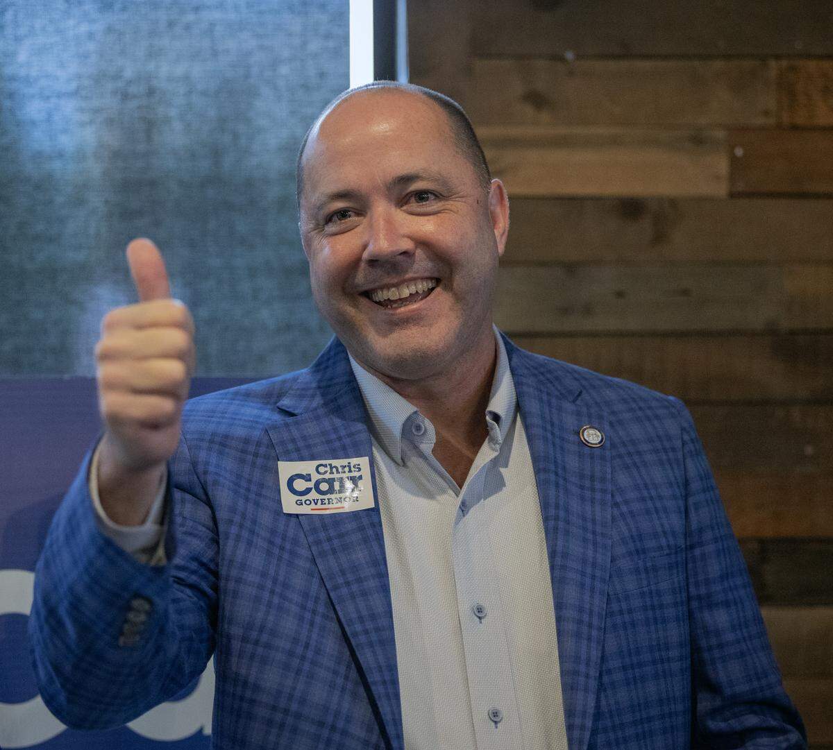 Georgia Attorney General and Republican gubernatorial candidate Chris Carr makes a campaign stop May 13, 2026, in Columbus at The Office Sports Bar & Grill.