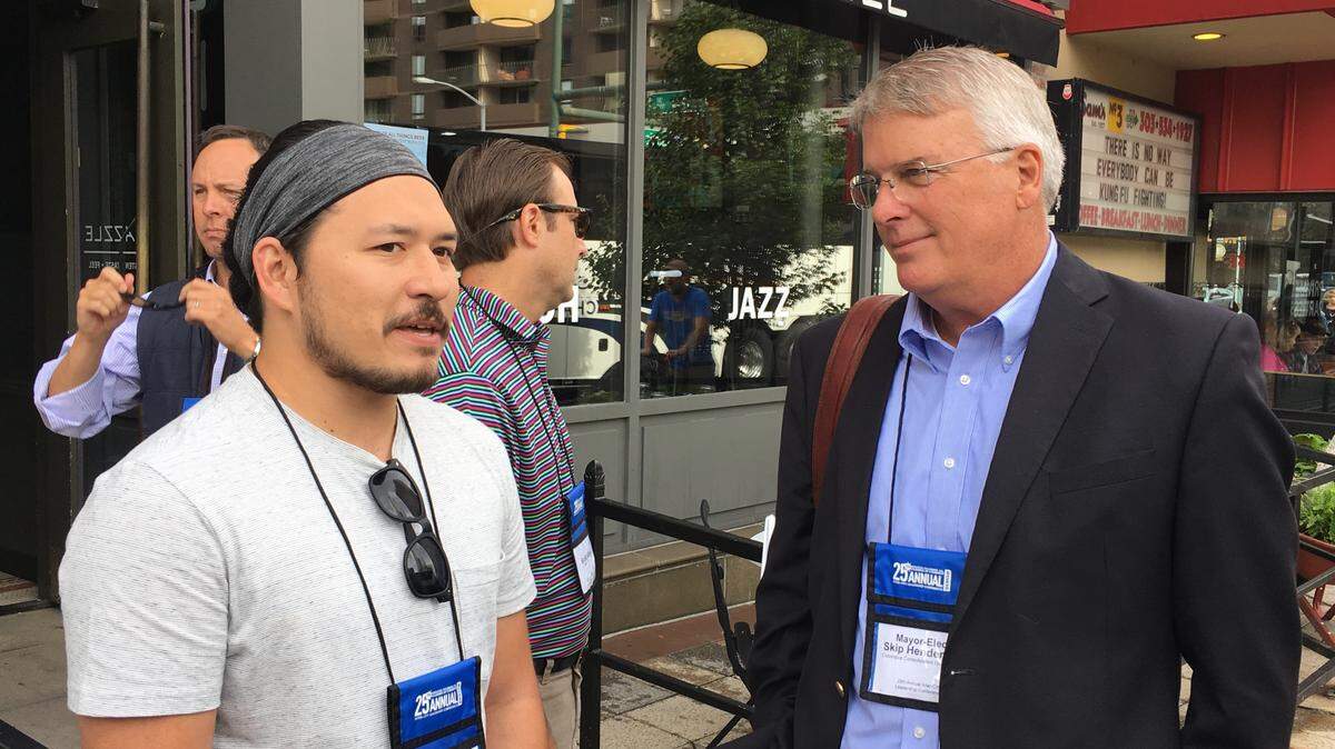 Columbus Mayor-elect Skip Henderson, left, talks with local restaurant owner Miles Greathouse during last week’s Greater Columbus  Chamber of Commerce Intercity Leadership Conference trip to Denver.