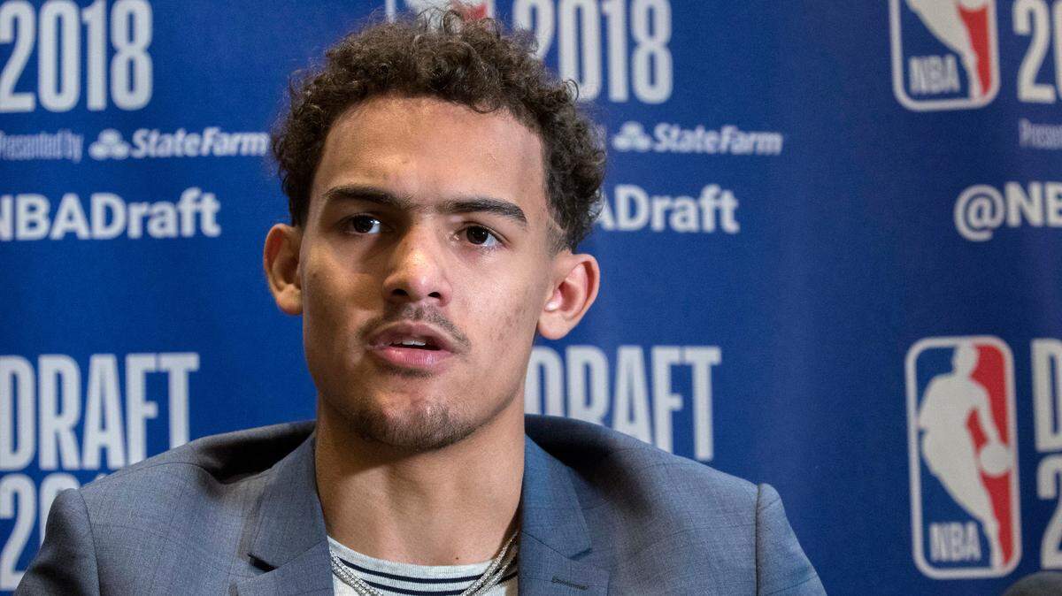 Oklahoma's Trae Young speaks to reporters during a media availability with the top basketball prospects in the NBA Draft on Wednesday in New York.
