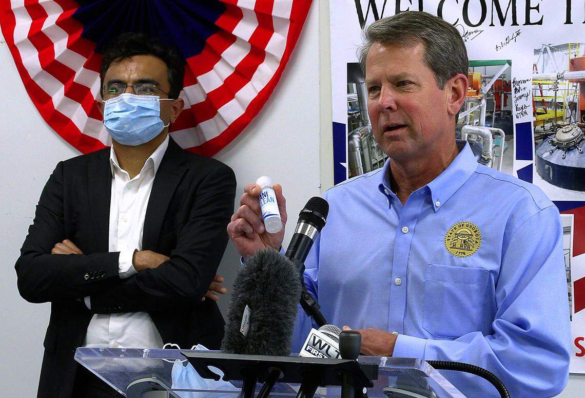 Georgia Gov. Brian Kemp,right, visited High Performance Product Engineering in Columbus, Georgia Wednesday afternoon. Kemp first toured the facility before making remarks and answering questions from the media.