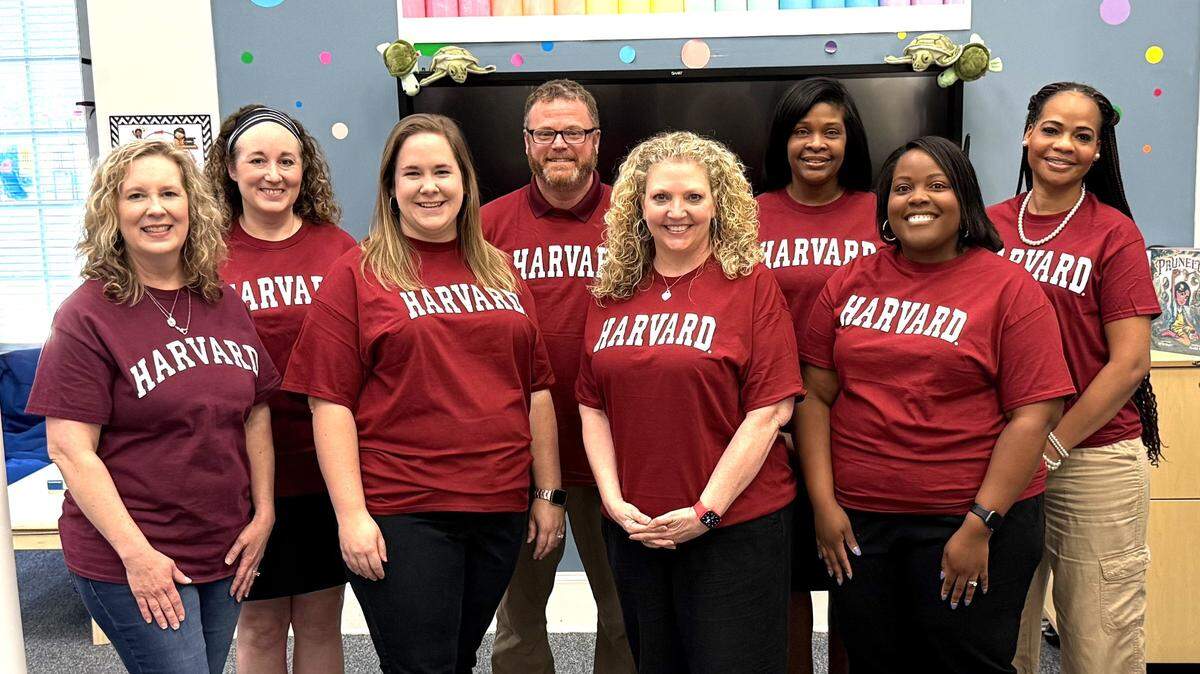 The Muscogee Educational Excellence Foundation announced its 2025 Harvard Fellows during a news conference April 10 at Wynnton Arts Academy in Columbus. They are, from left: Kacey Brown of Eagle Ridge Academy, Christie Akers of Northside High School, Katie Buckley of Blanchard Elementary School, Brent Sutherland of Dimon Magnet Academy, Annette Gebhardt of Rainey-McCullers School of the Arts, Stacey McClary of Wynnton Arts Academy, Nicole Ruiz of Britt David Magnet Academy and Robyn Robinson of Davis Elementary School.