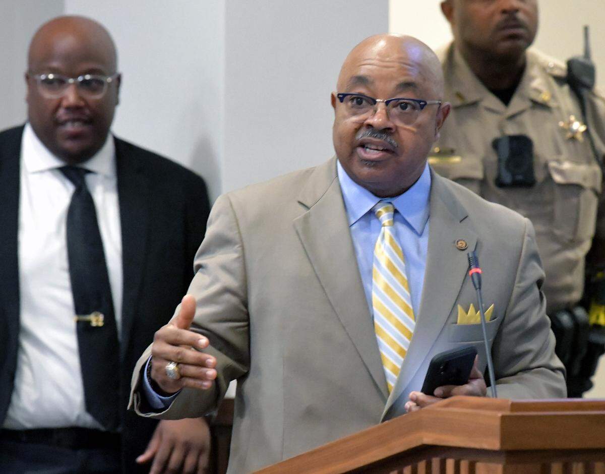 Byron Hickey speaks during a special called meeting of Columbus Council on Feb 28, 2023.