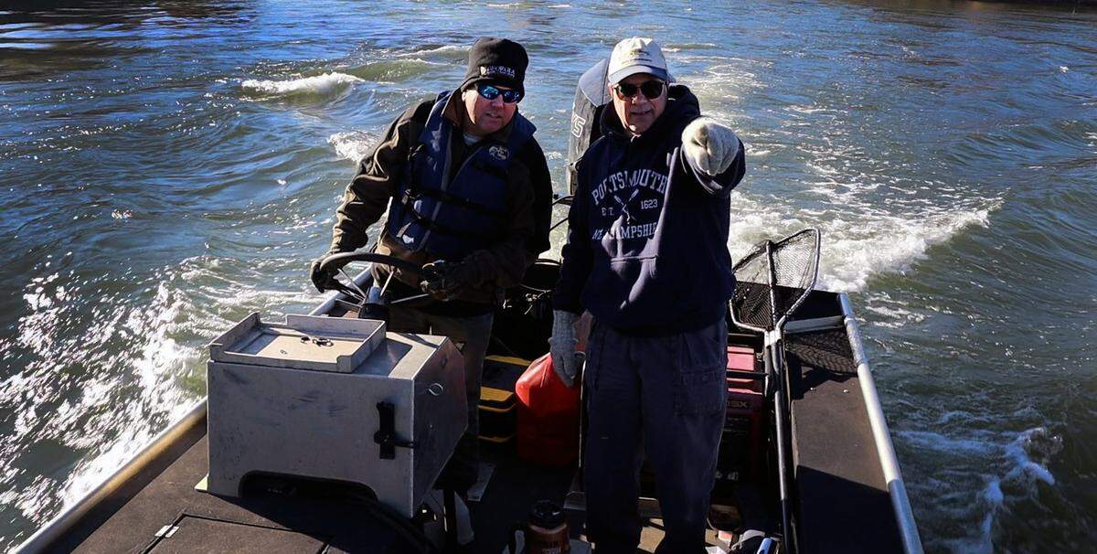 Dr. Steve Sammons of Auburn University and Travis Ingram of Department of Natural Resources search for good spots to begin electrofishing near the base of the waveshaper in the Chattahoochee. 11/29/23