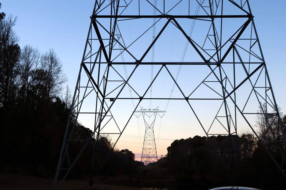 High voltage transmission towers parallel to Hightower Road in Troup County.