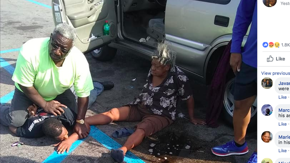 Brenda Stinson, 74, was walking to her car in a Piggly Wiggly parking lot in Midfield, Ala., when a man allegedly tried to grab her and take her money. They “tussled” at the car before bystanders came to her aid, including a man identified as William Daniels, left, who pinned the alleged thief until police arrived.