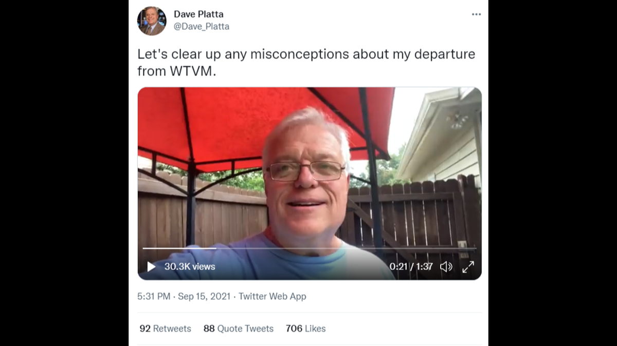 Former WTVM sports anchor Dave Platta says he was fired by the station’s parent company, Gray Television, for refusing to get the COVID-19 vaccine.