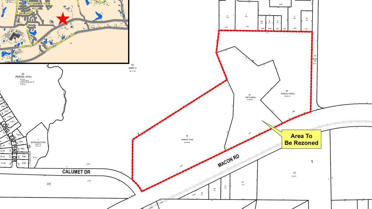 This map shows an area proposed for rezoning along Macon Road in Columbus, Georgia.
