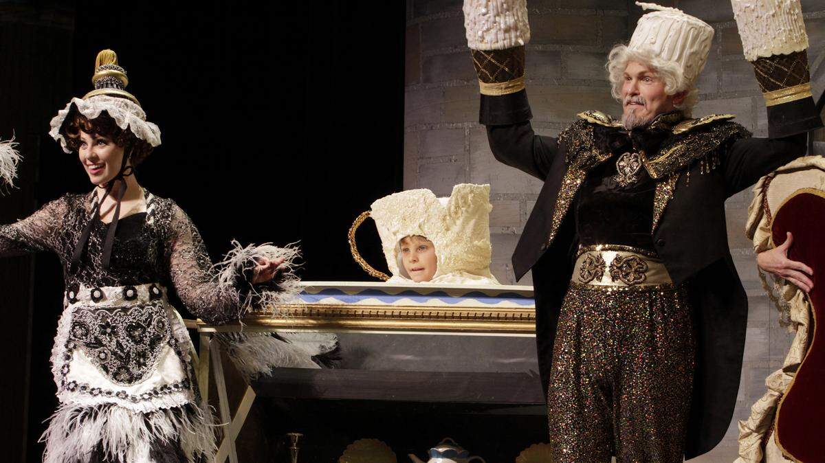 ROBIN TRIMARCHI rtrimarchi@ledger-enquirer.com 
 Sarah Brackett as Babette, left, Miles Graham as Chip and Casey Ross as Lumiere rehearse a scene from the Springer Theater production of Beauty and the Beast. 11.25.15