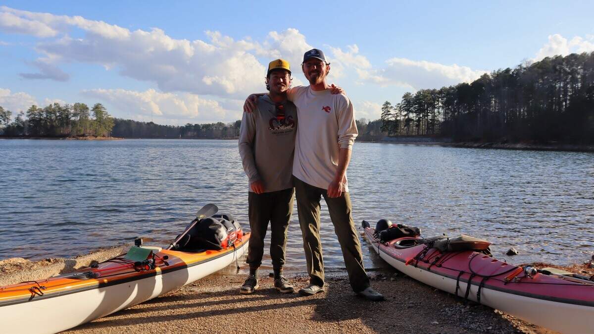 Jarod Horne and Stephen Burden after they finished a 26 mile paddle on Lake Lanier, Day 5 of their 500-mile journey to the Gulf