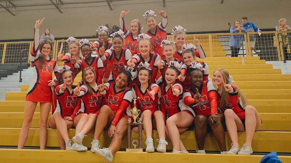 Northside’s competition cheer team won the Region 1-AAAA championship Saturday at Colquitt County High School. Team members pictured from left are: front row, Logan Judah, Mady Daniel, Madison Hash, Yasmeen James, Tae Eggleston, Alyssa Wright, Jamia Jones and Reese Parkerson; middle row, Summer Anderson, Abrayla Thomas, Katyah Hall, Daly Hyneman, Gabi Swierczek and Emily Maness; back row, Mya Sago, Baleigh Griggs, Dan’Aja Wright and Ansleigh Gordy. Not pictured are coaches Tamara Garner and Chelsie Rogers.