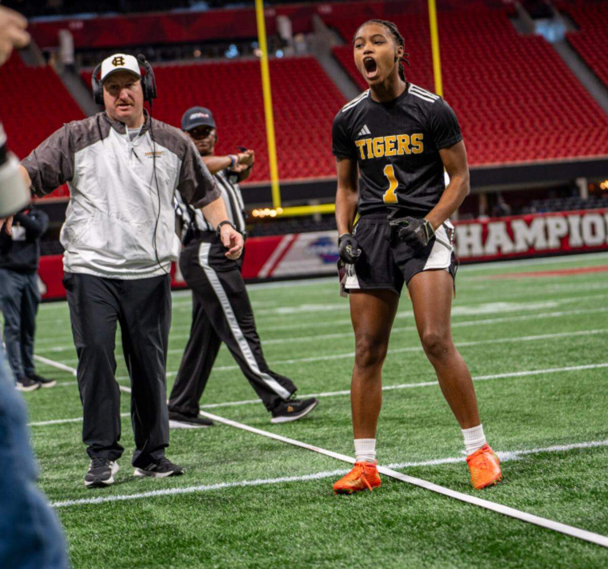 Harris County senior safety and wide receiver Kyndle Robinson is fired up during the Georgia High School Association Division 1 flag football state championship game Dec. 15, 2015, at Mercedes-Benz Stadium in Atlanta. The Tigers beat Washington County 32-0 to win the title.
