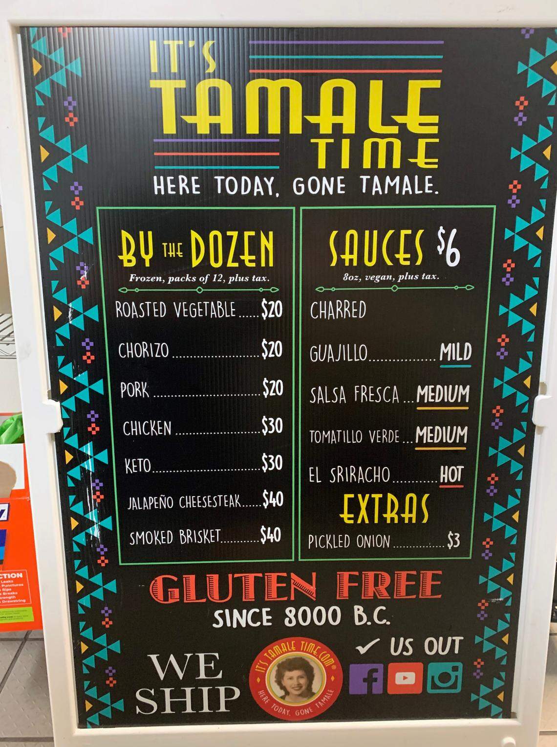 This is the farmers market menu for It’s Tamale Time.