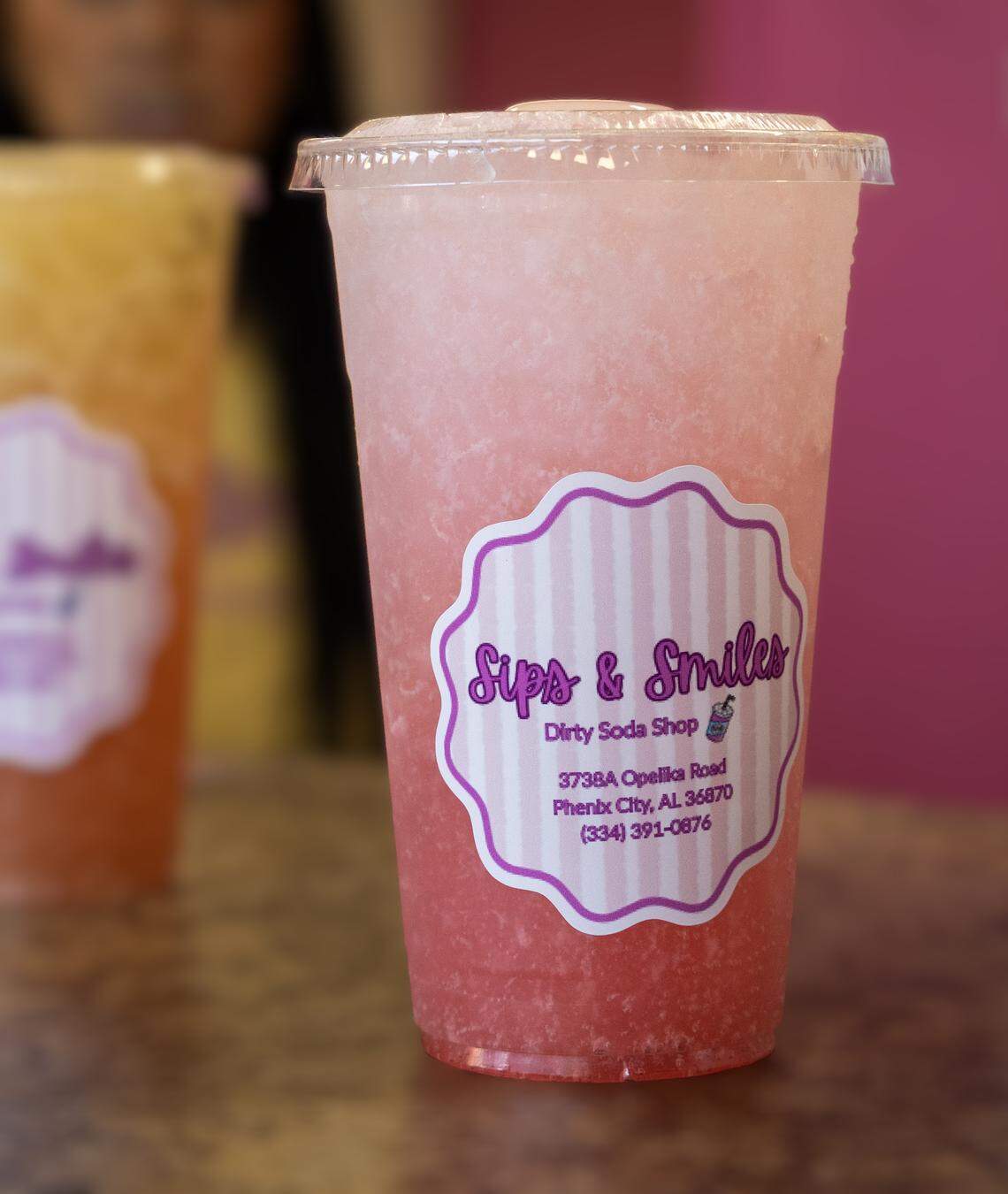 Sips & Smiles, a “dirty soda” shop, has opened at 3738 Opelika Road in Phenix City. Customers have a variety of options to customize their drinks, such as these, pictured April 13, 2026.