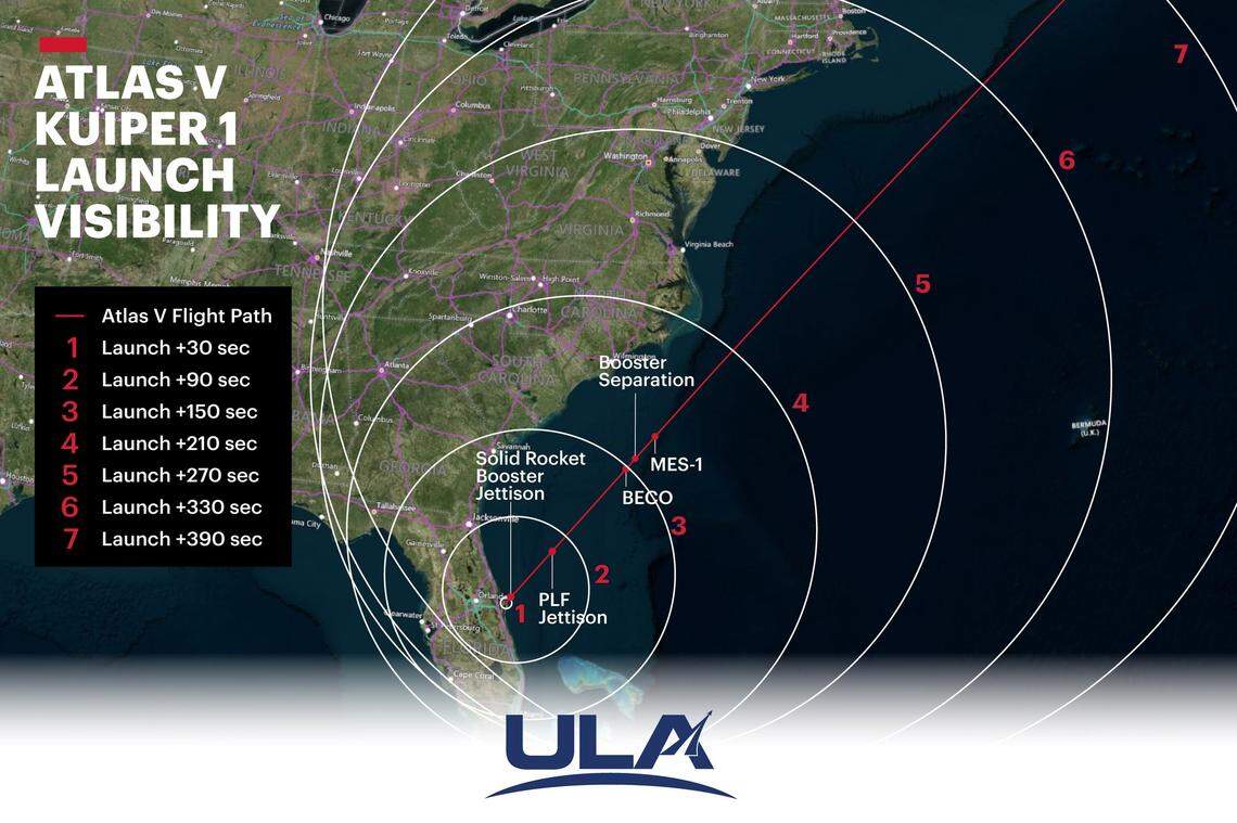 This visibility map for the Atlas V launch Monday, April 28, shows the flight path will be visible as far east as Birmingham, Alabama, and as far north as Detroit, Michigan.