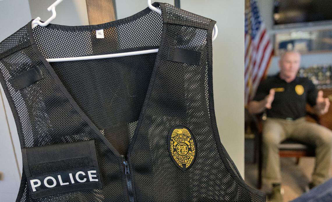 Stoney Mathis, chief of the Columbus Police Department, answers a question during an interview with Ledger-Enquirer reporter Kelby Hutchison on April 14, 2026.