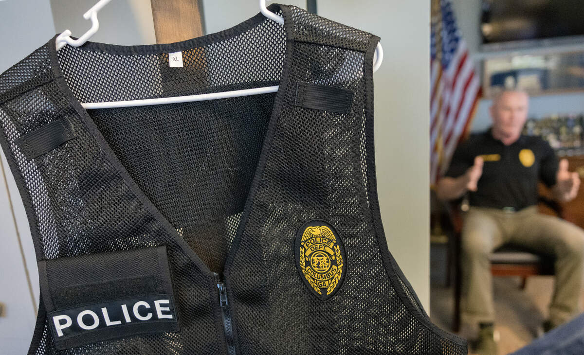 Stoney Mathis, chief of the Columbus Police Department, answers a question during an interview with Ledger-Enquirer reporter Kelby Hutchison on April 14, 2026.