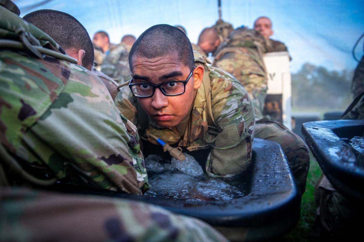 (FORT MOORE, Ga) – Basic trainee with E-Troop, 5th Squadron, 15th Cavalry Regiment, 194th Armored Brigade participate in the Thunder Run using the arm immersion technique created by Dr. David DeGroot. June 29, 2023