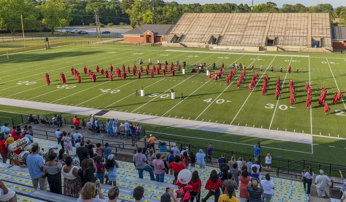 Central High School’s Wednesday night graduation ceremony, one of five graduation ceremonies being held this week, included social distancing requirements necessary because of the coronavirus pandemic. Each graduating student was only allowed to have a total of four guests attend the ceremony. Each family of four was seated together and spaced six feet apart from each additional family of four. Graduates marched into the stadium six feet apart and maintained the spacing while seated. There was no presentation or handshakes, graduates walked up to the podium and retrieved their diploma then returned to their seats. Wednesday, May 13, 2020.
