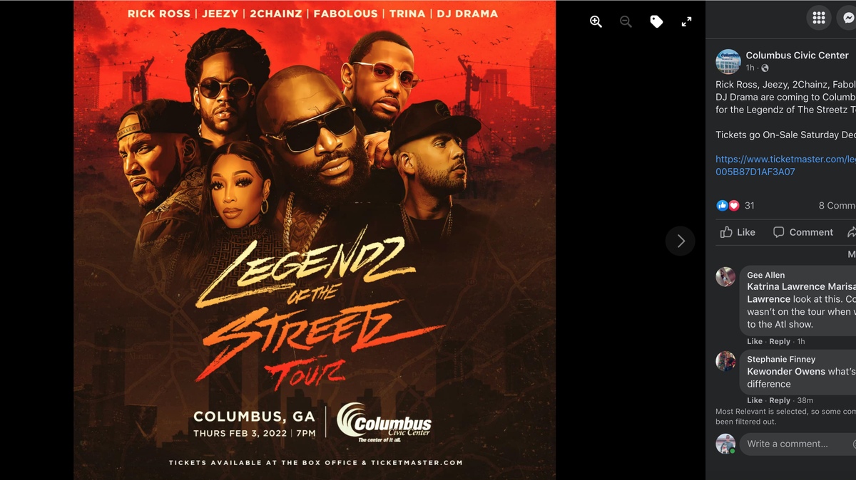 Rick Ross, 2 Chains, Jeezy, Fabolous, Trina and D.J. Drama are performing at the Columbus Civic Center Feb. 3, 2022, during the “Legendz on the Streetz” tour. Tickets go on sale at 10 a.m. Dec. 11.