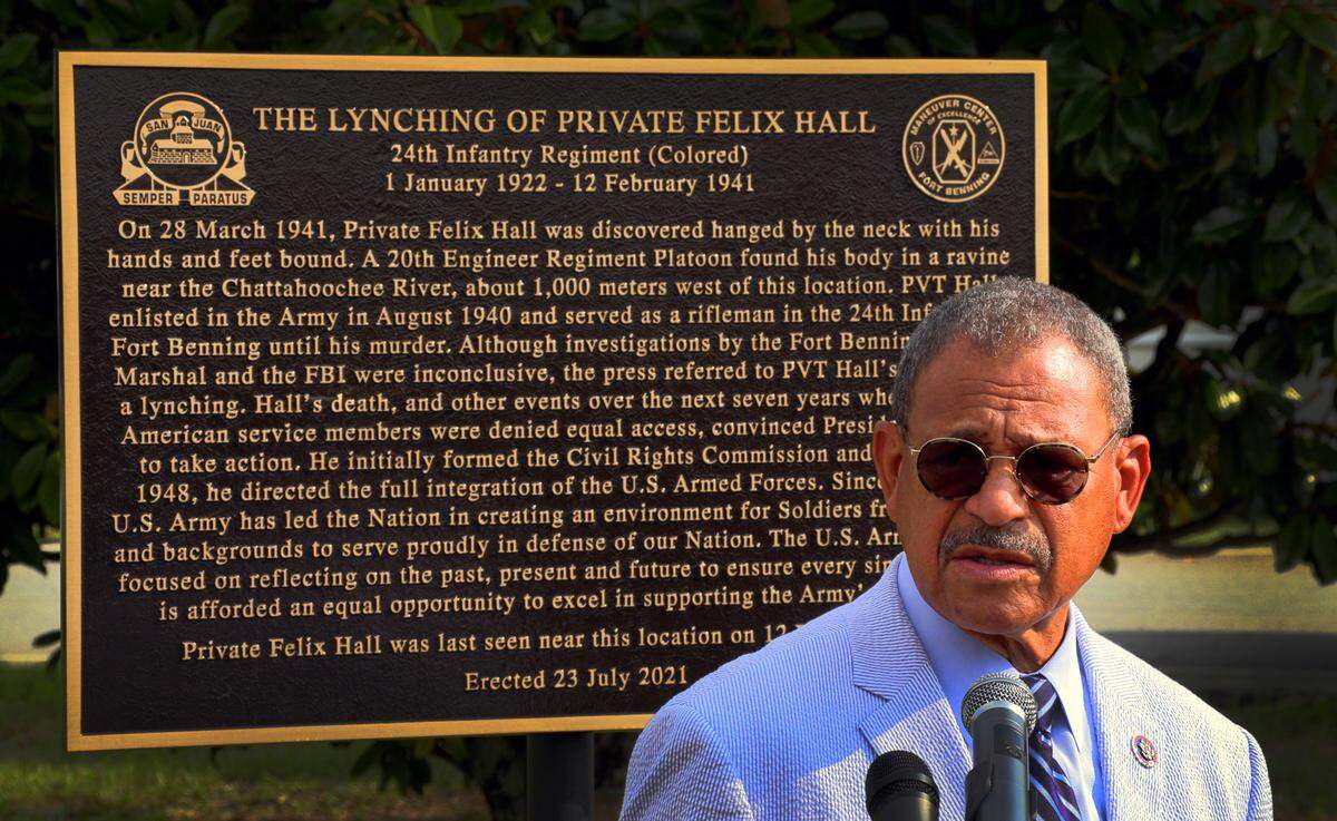 U.S. Rep. Sanford D. Bishop Jr., D-GA, answers questions from the media Tuesday morning after a program at Ft. Benning, Georgia where a historic marker about the lynching of U.S. Army Private Felix Hall in 1941 was unveiled. The marker is near the location where Hall was last seen on Feb. 12, 1941. 08/03/2021