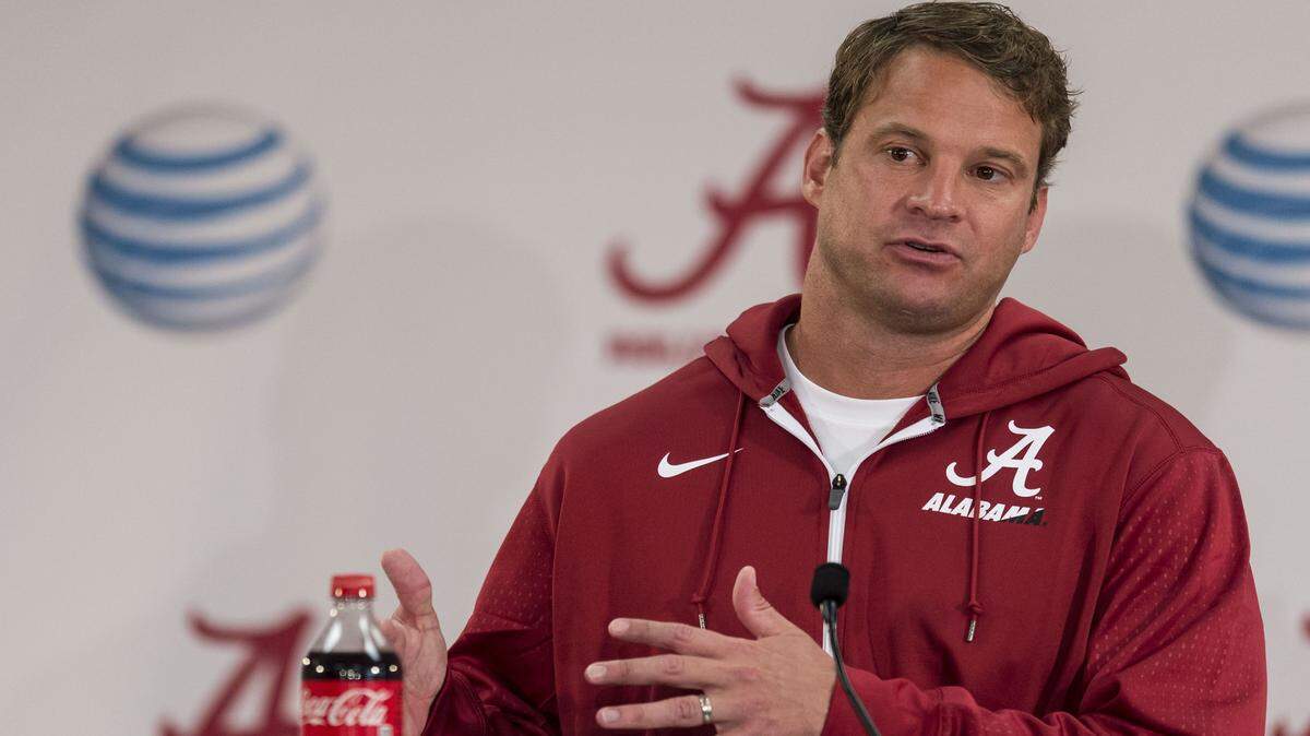Alabama offensive coordinator Lane Kiffin talks with the media before the Fan Day football practice, Sunday, Aug 9, 2015, at the Naylor-Stone Media Suite in Tuscaloosa, Ala. (Vasha Hunt/AL.com via AP) MAGS OUT; MANDATORY CREDIT