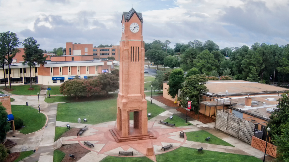 This aerial photo shows the Whitley Clock Tower on the main campus of Columbus State University.