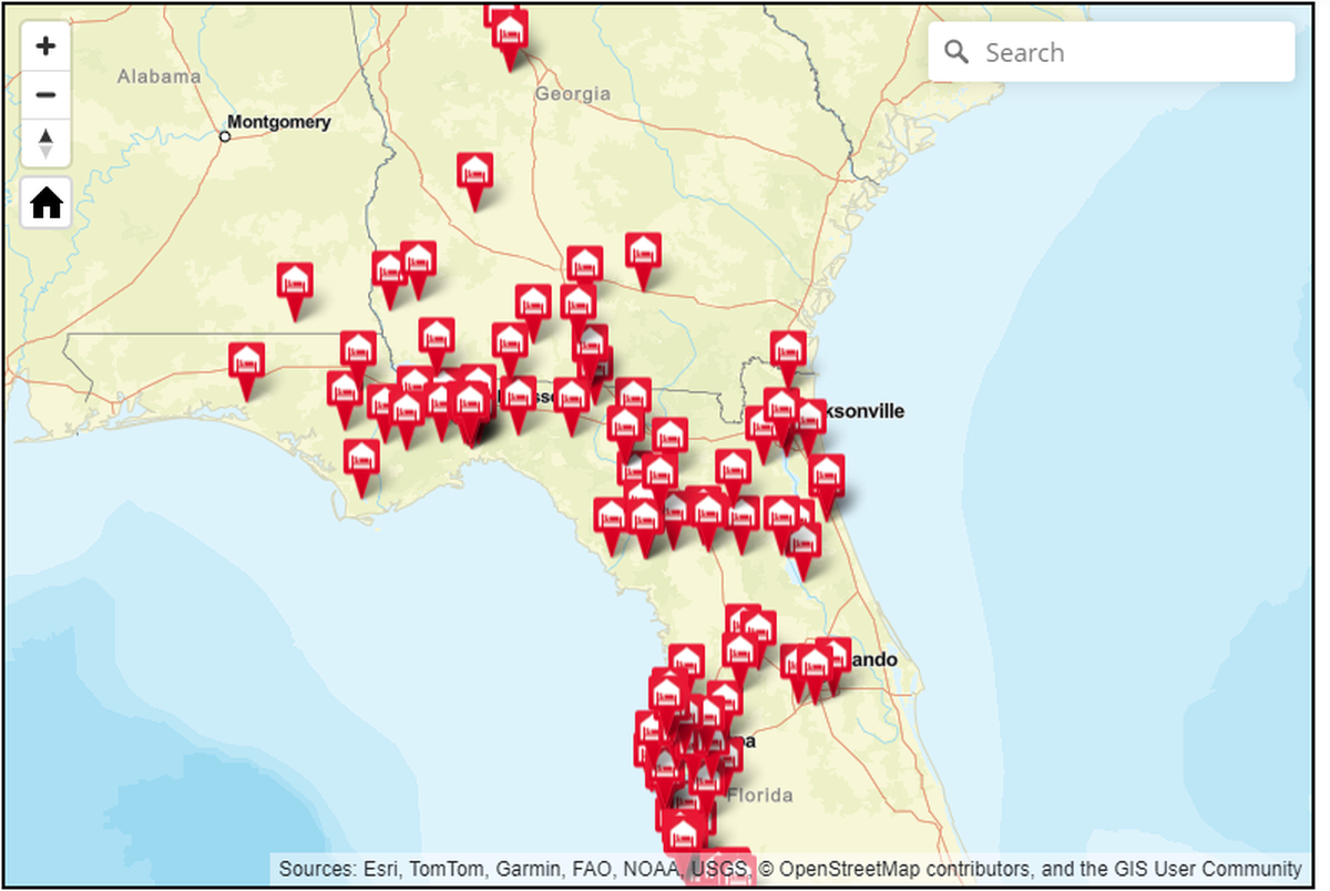 A screenshot of Red Cross shelters open to the public in Florida and Georgia. www.redcross.org/shelters