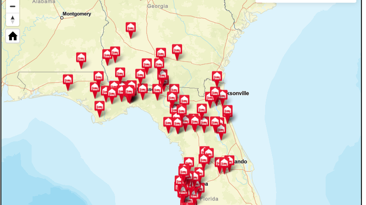 A screenshot of Red Cross shelters open to the public in Florida and Georgia. www.redcross.org/shelters