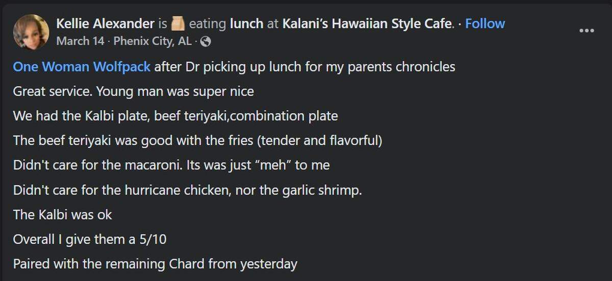 Kellie Alexander, a popular food reviewer in the Columbus area, spoke with the Ledger-Enquirer about the fallout of an online controversy with local restaurant Kalani’s Hawaiian Style Cafe, 711 13th St in Phenix City.