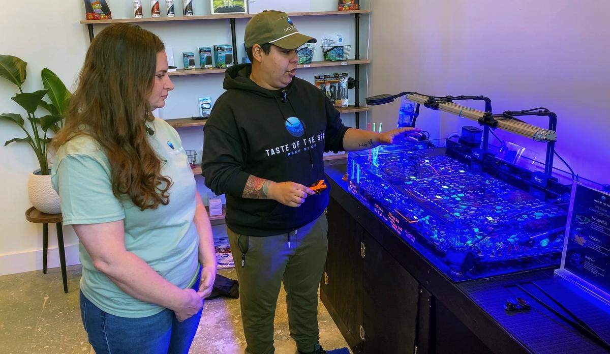 Taste of the Sea Reef, a shop specializing in live corals and aquarium supplies, has opened inside Highside Market, 211 13th Street, as part of StartUP Columbus’ Retail Lab. Co-owners Marissa, left, and Ashley Marrero, pictured April 21, 2026, told the Ledger-Enquirer their business focuses on selling live corals, fish supplies and equipment for people interested in coral propagation.
