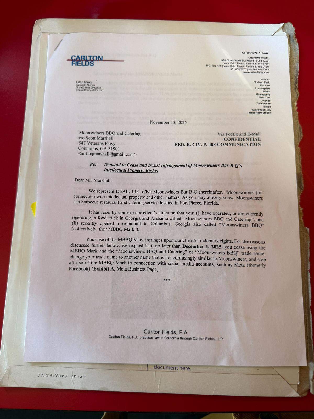 Scott Marshall, the owner of Moonswiners BBQ in Columbus, announced on Facebook that his restaurant has received a cease-and-desist order. The order came from another restaurant called Moonswiners Bar-B-Q in Fort Pierce, Florida. This is a photo of the letter Marshall received.