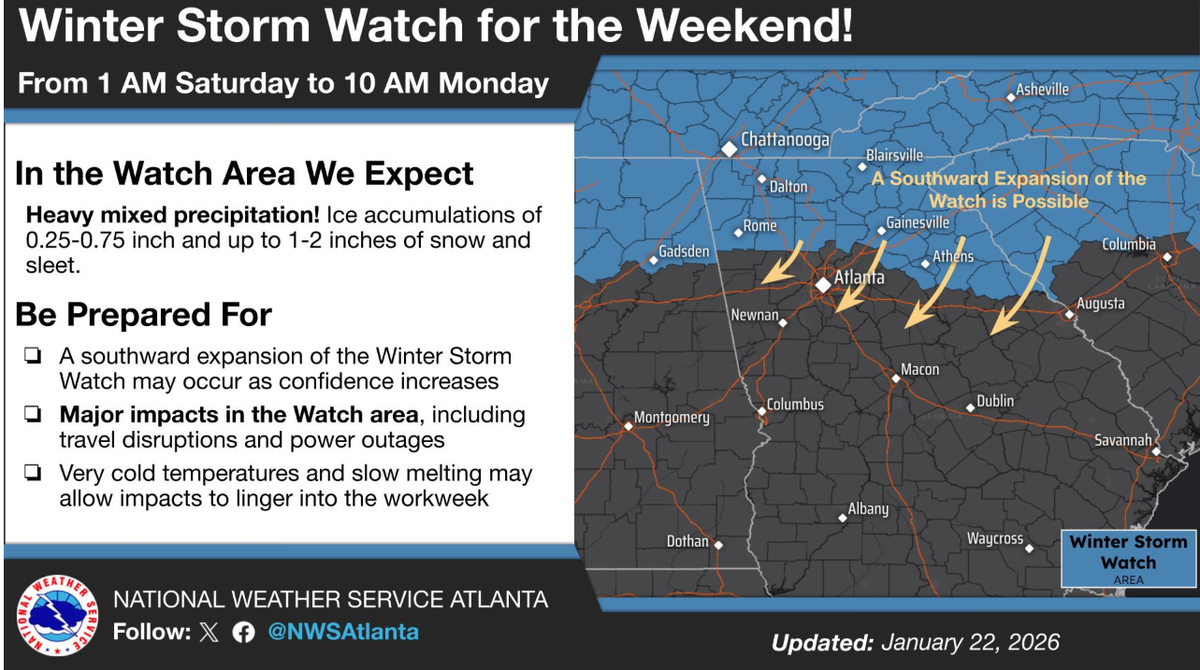 Winter storm watch areas in Georgia as of Jan. 22 for Winter Storm Fern.