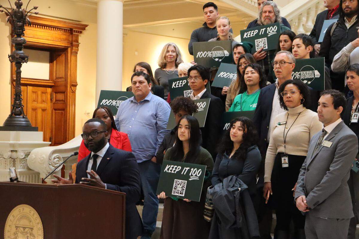 Daniel Blackman, speaking to reporters in January at the Capitol building in Atlanta about the Public Service Commission and Georgia Power’s lack of investment in 100% clean energy.