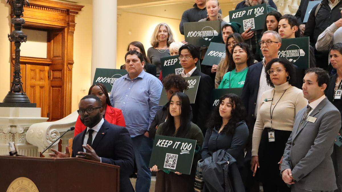 Daniel Blackman, speaking to reporters in January at the Capitol building in Atlanta about the Public Service Commission and Georgia Power’s lack of investment in 100% clean energy.