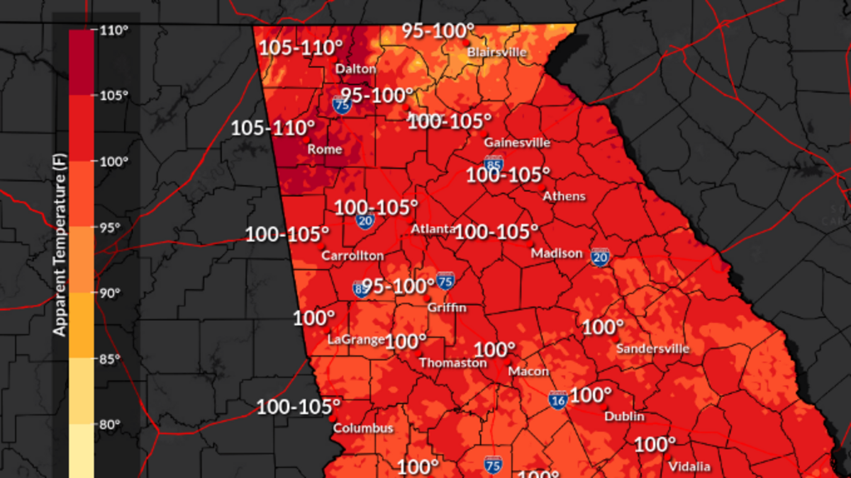 Heat indexes across central and northern Georgia show minimum temperatures of 100 and a maximum of 110 July 3, 2026.