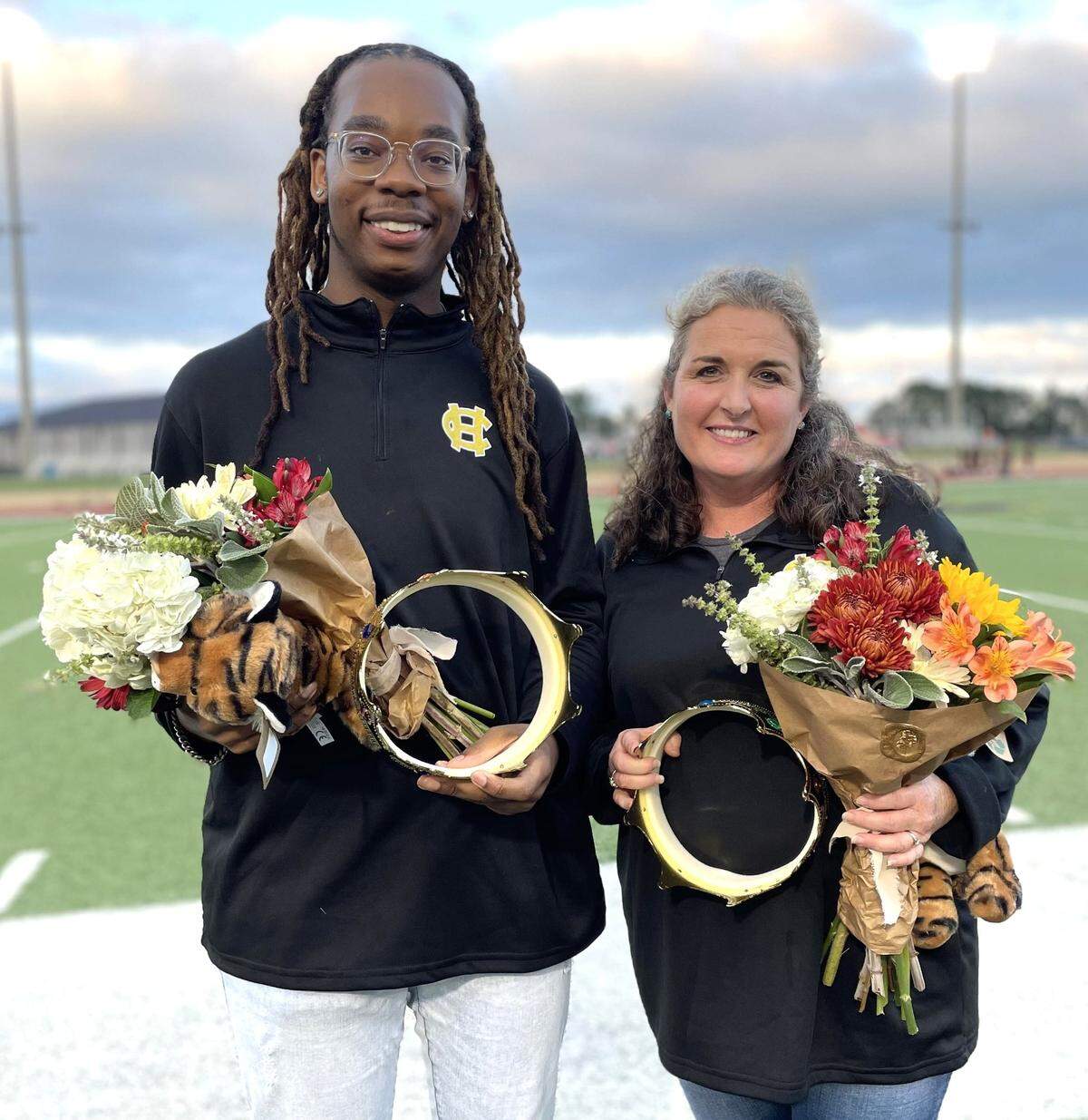 Jalin Murphy, District Teacher of the Year, and Kay McGuire, District Support Person of the Year, were announced by the Harris County School District as the award winners before the Sept. 15, 2023, Harris County High School football game. Murphy will now compete for the title of Georgia Teacher of the Year.