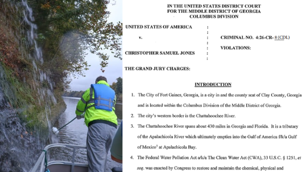 The U.S. Attorney’s Office charged Christopher Samuel Jones of Jones Water and Wastewater Consulting with allegedly falsifying reports to the Georgia Environmental Protection Division regarding its waste water treatment quality at Fort Gaines. This image shows the front page of the indictment and an unidentified Chattahoochee Riverkeeper associate sampling the water at the Fort Gaines water treatment plant outfall in the Chattahoochee River.