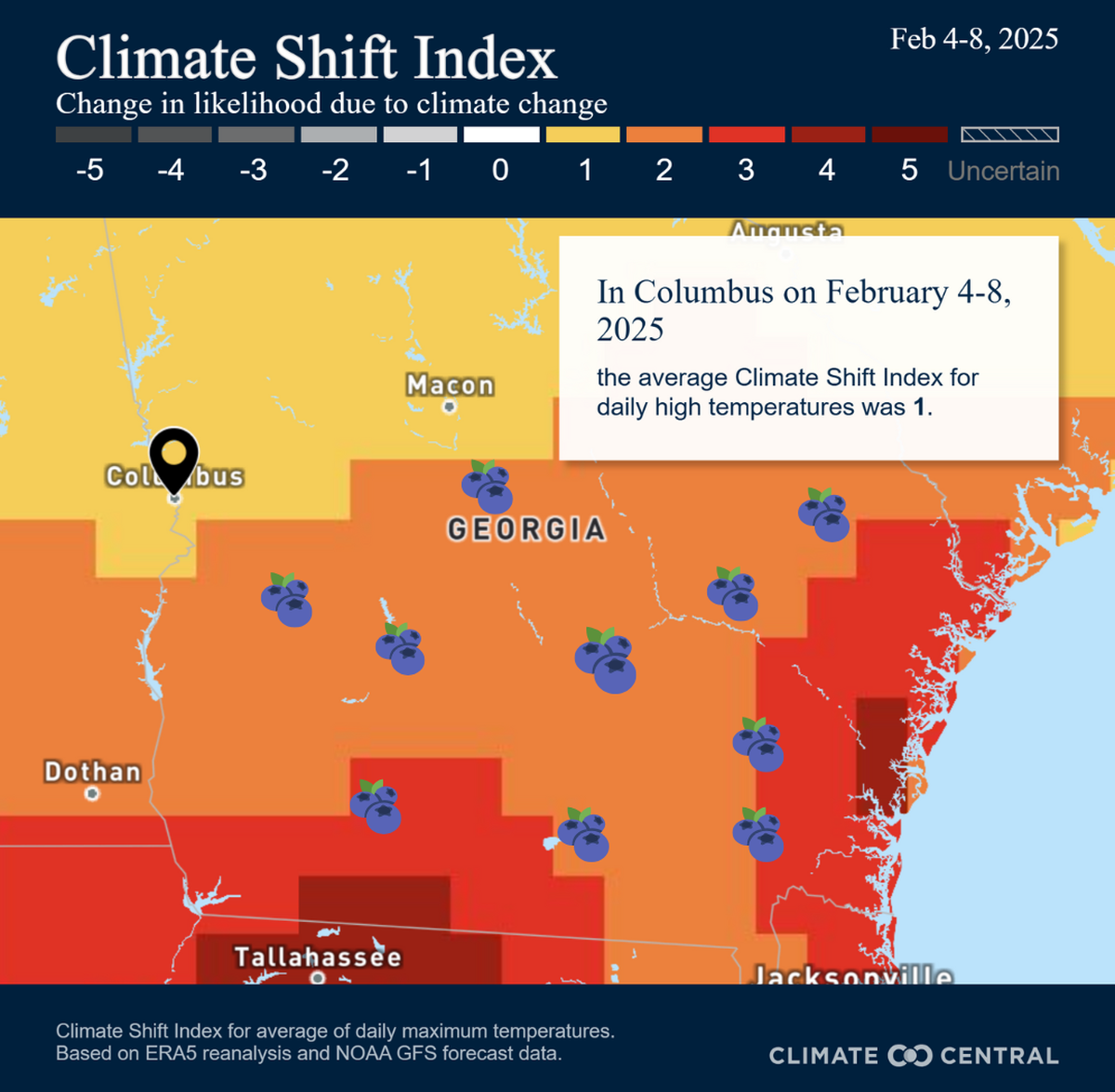 The CSI uses a “multi-method” approach to quantify the likelihood that weather on a particular day was in fact attributed to climate change. Areas marked yellow on the map indicate locations where climate change has a detectable impact on daily temperatures. Much of where climate change-attributed weather was occurring last week is where blueberries are grown.